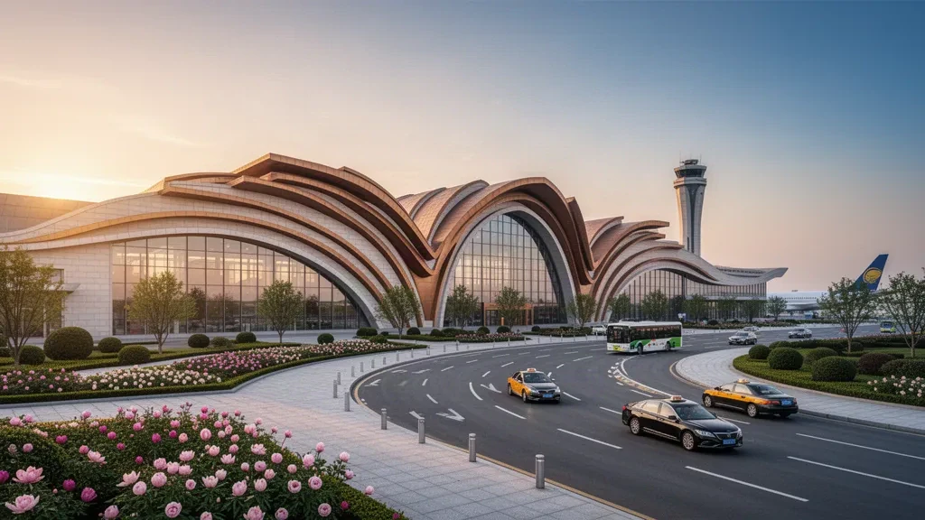 Extérieur moderne du terminal vitré de l'aéroport de Heze Mudan dans le Shandong, en Chine, illuminé à l'heure dorée sous des toitures courbes inspirées des pivoines