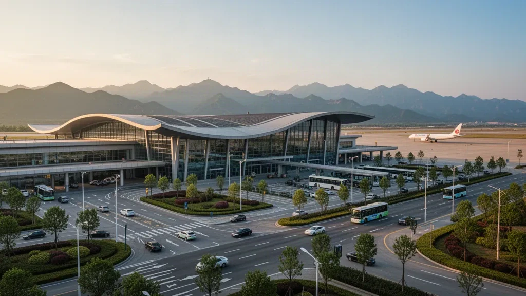 Exterior moderno de la terminal del aeropuerto de Hanzhong Chenggu a la hora dorada con fachada de cristal, vías de acceso y montañas lejanas en Shaanxi, China.