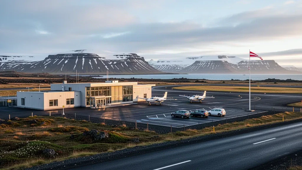 Small modern terminal and quiet runway at Húsavík Airport in northern Iceland, framed by snow-capped mountains and soft Nordic light.