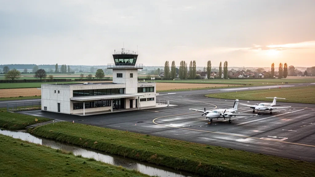 Terminal compact, tour de contrôle et avions légers stationnés sur le tarmac de l'aéroport de Merville-Calonne, dans le nord de la France, sous une lumière douce