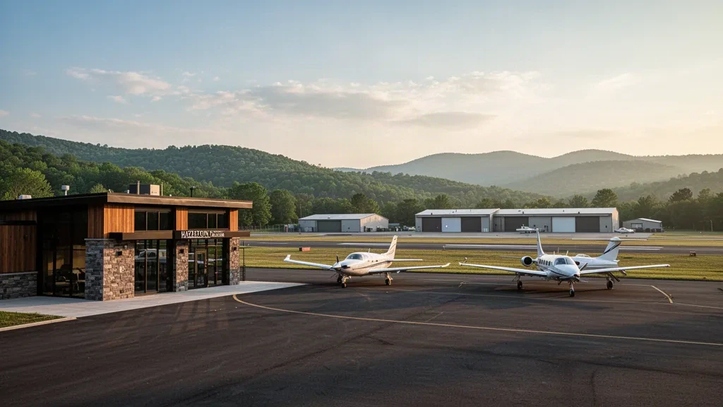 Piccolo aereo di aviazione generale ed hangar presso l'aeroporto municipale di Hazleton, incorniciati dalle colline degli Appalachi nell'ora d'oro.
