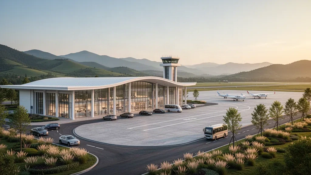 Modern glass terminal and quiet apron with light aircraft at Chengdu Huaizhou Airport in Sichuan during warm golden-hour light