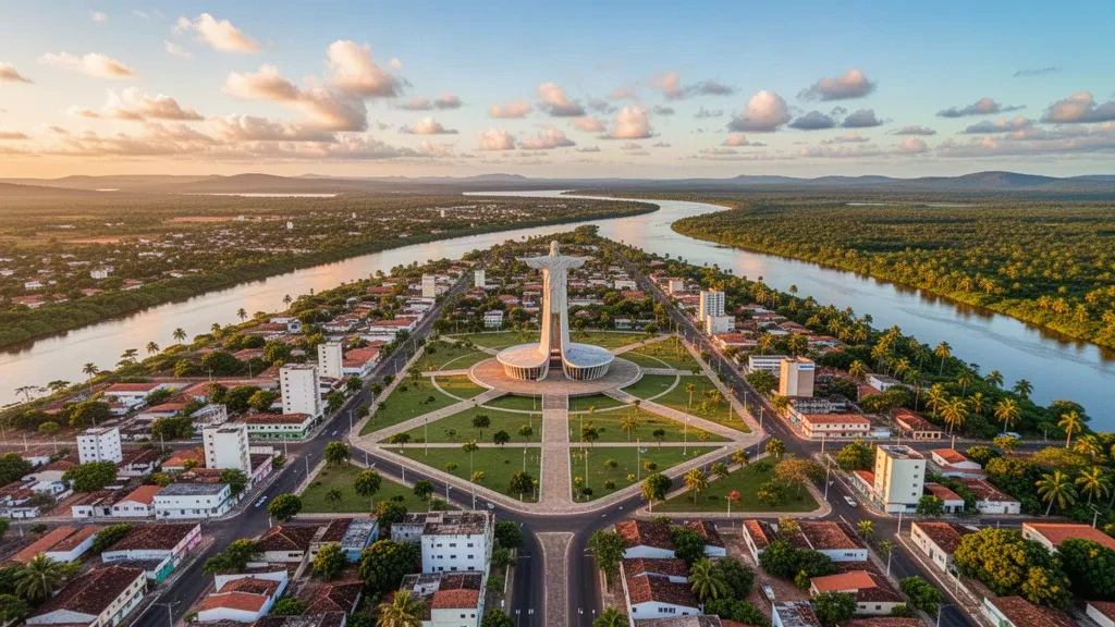 Aerial view of Boa Vista, Roraima, Brazil, featuring the Rio Branco river, Cristo Redentor Cathedral, and lush green squares in golden hour light