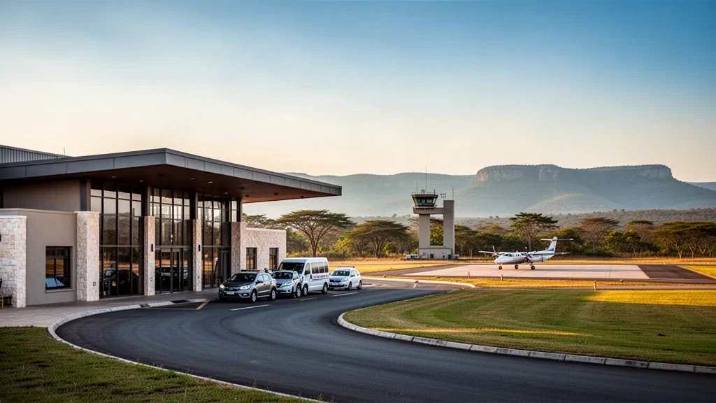 Petit terminal d'aéroport régional près de Hazyview dans le Lowveld en Afrique du Sud, avec un avion léger de location sur le tarmac à l'heure dorée.