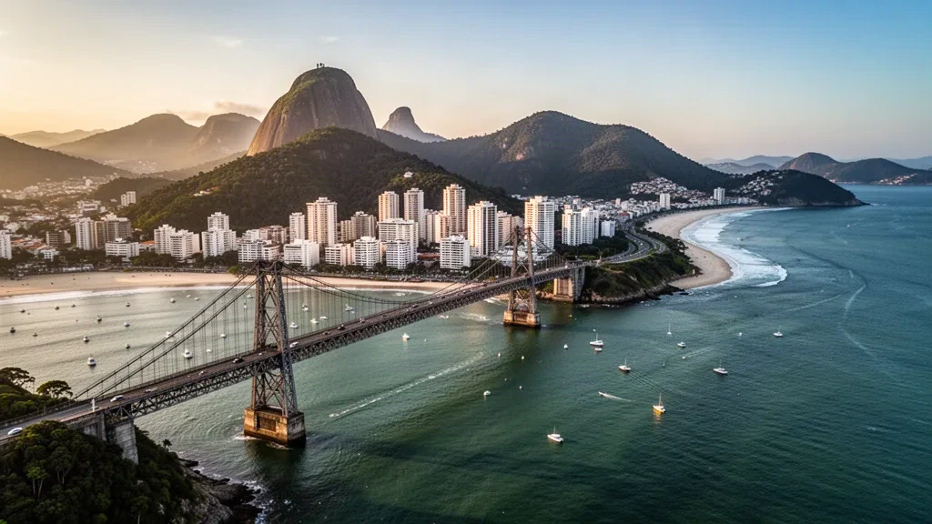 Veduta aerea al tramonto dello skyline di Florianópolis e del Ponte Hercílio Luz sulla baia di Santa Catarina, Brasile