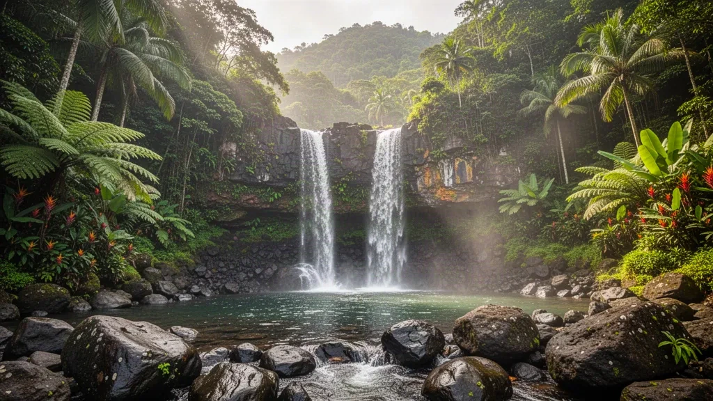 Le Cascate Trafalgar gemelle che scorrono attraverso la lussureggiante foresta pluviale nel Parco Nazionale Morne Trois Pitons, Dominica