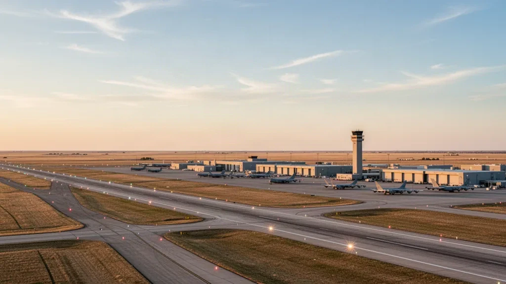 Vue à l'heure dorée du terrain d'aviation de la base aérienne McConnell à Wichita, Kansas, avec piste, hangars et ciel dégagé