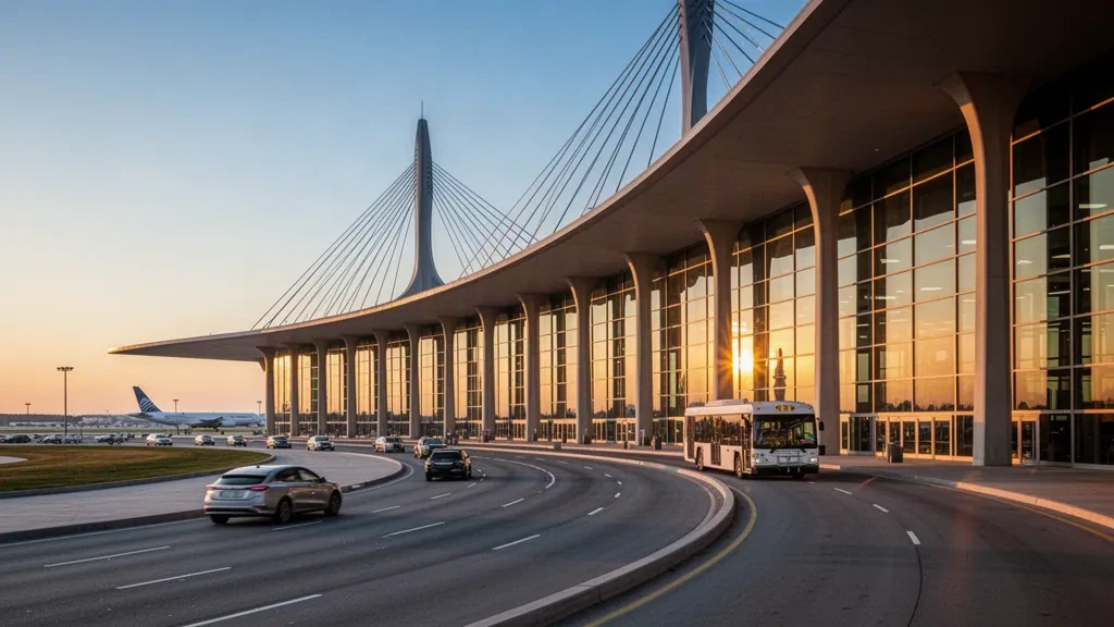 Geschwungenes Hängedach und Glasfassade des Hauptterminals des Washington Dulles International Airport, die in der goldenen Stunde leuchten
