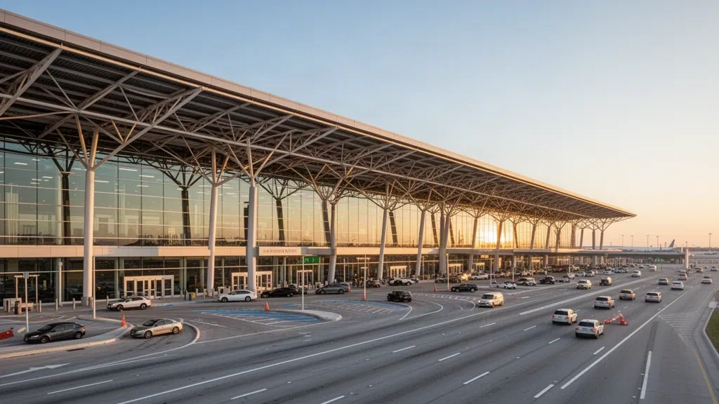 Modern glass terminal exterior at George Bush Intercontinental Airport in Houston with curbside drop-off lanes and golden-hour light.