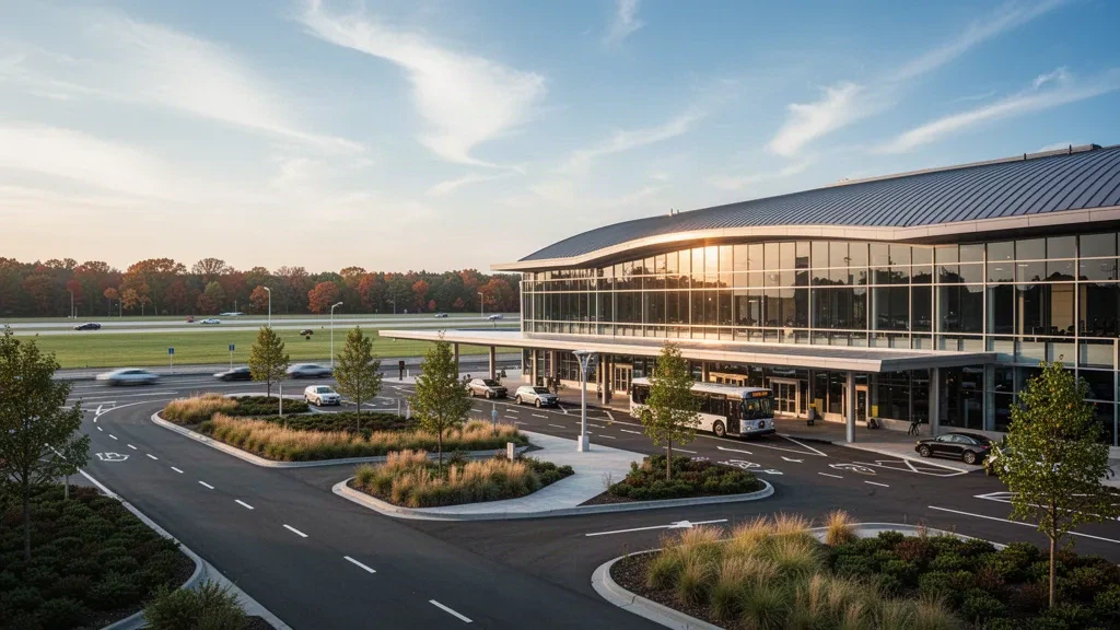 Terminal moderne en verre et voies de dépose le long du trottoir à l'aéroport international des chutes Niagara baignés par la lumière de l'heure dorée