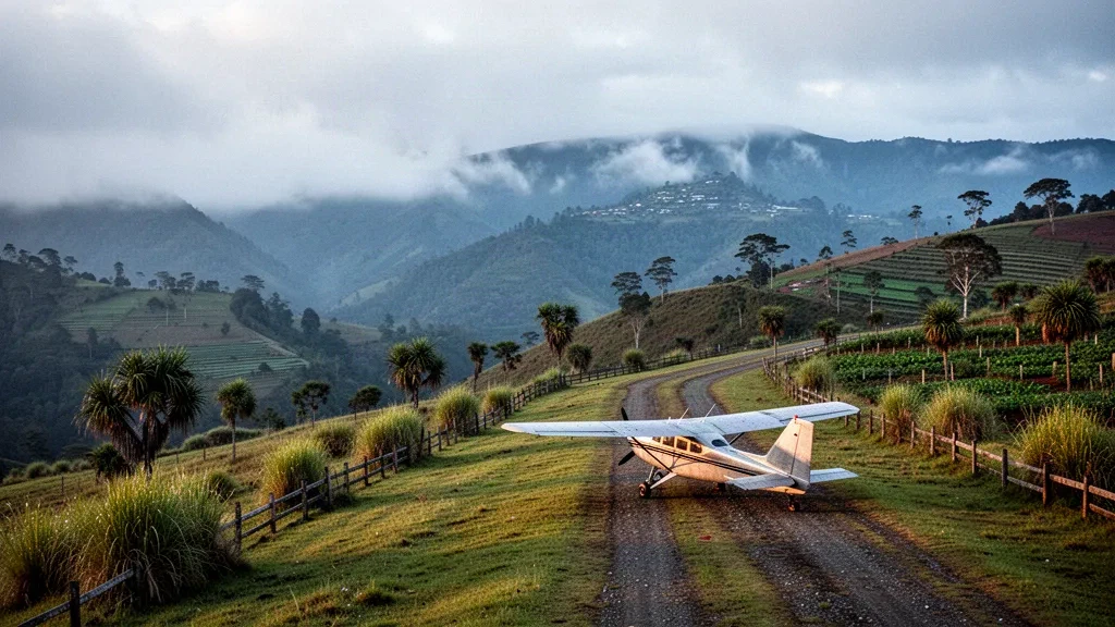 Light aircraft on the grass airstrip at Ialibu Airport, surrounded by misty green highland ridges in Papua New Guinea's Southern Highlands.