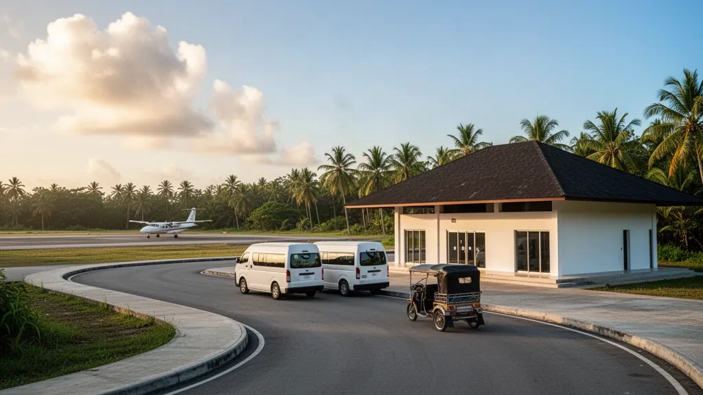 Terminal de aeropuerto en una isla tropical de Siargao con palmeras, un carril de descenso abierto y un pequeño turbohélice en la plataforma con luz suave