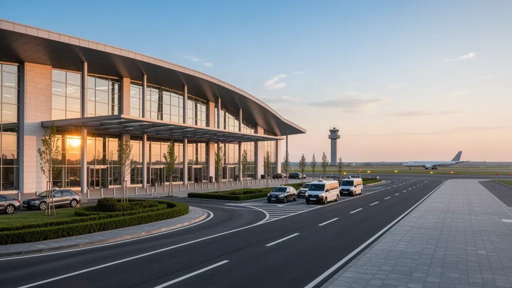 Exterior moderno de terminal de cristal en el Aeropuerto Internacional de Iași, en Rumanía, durante la hora dorada, con vías de acceso y carriles para dejar pasajeros
