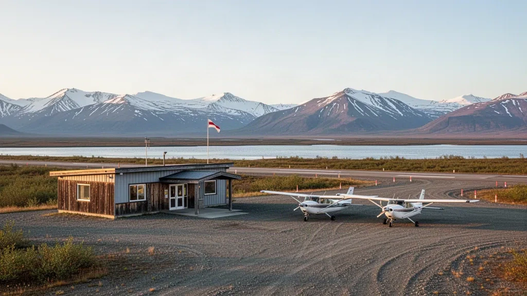 Pista in ghiaia e piccolo terminal dell'Aeroporto Bob Baker Memorial a Kiana, Alaska, incorniciati dalla tundra e da montagne spolverate di neve