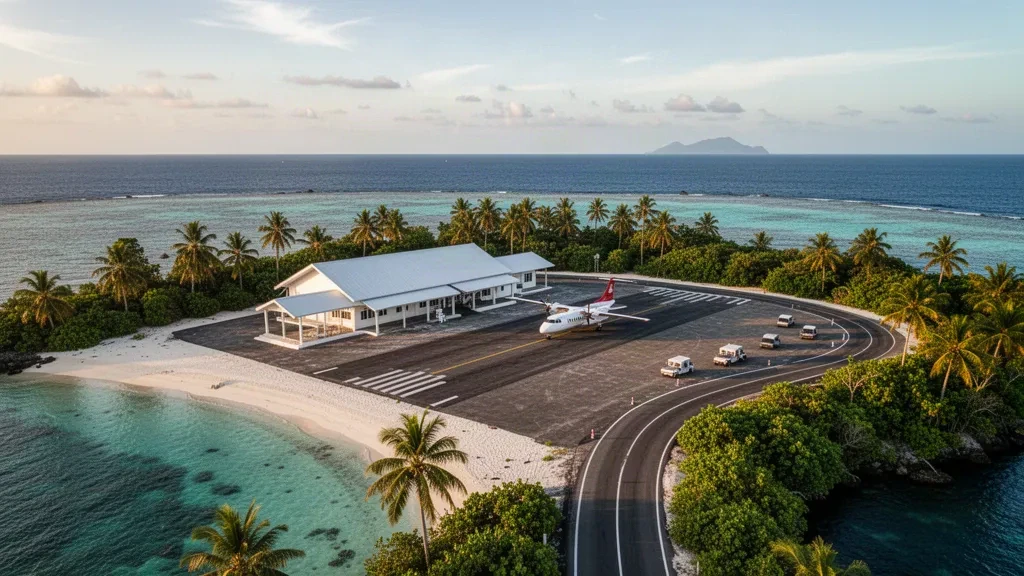 Kleines weißes Terminal und Start- und Landebahn am Meer des Flughafens Miangas auf einer tropischen indonesischen Insel, umrahmt von Palmen und türkisfarbenem Meer