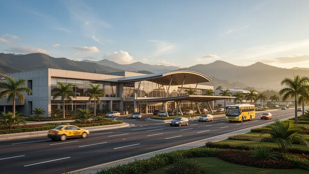Golden-hour view of Perales Airport terminal and drop-off lanes in Ibagué, Colombia, with clean architecture and travel-ready atmosphere.