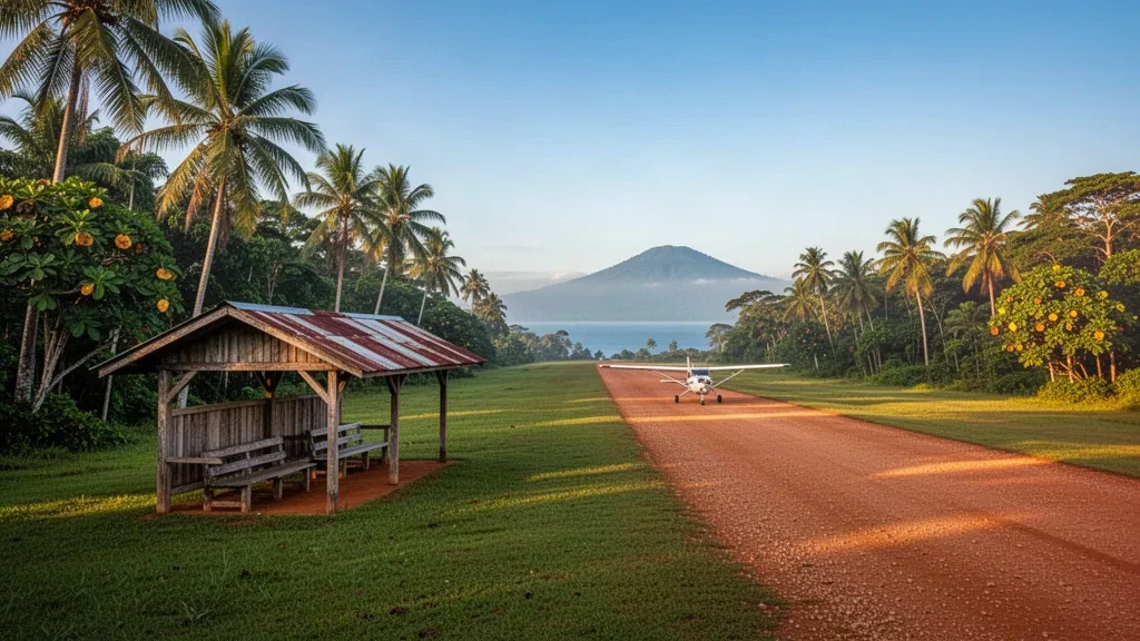 Remote tropical airstrip at Iboki Airport in Papua New Guinea, surrounded by dense rainforest under soft golden morning light