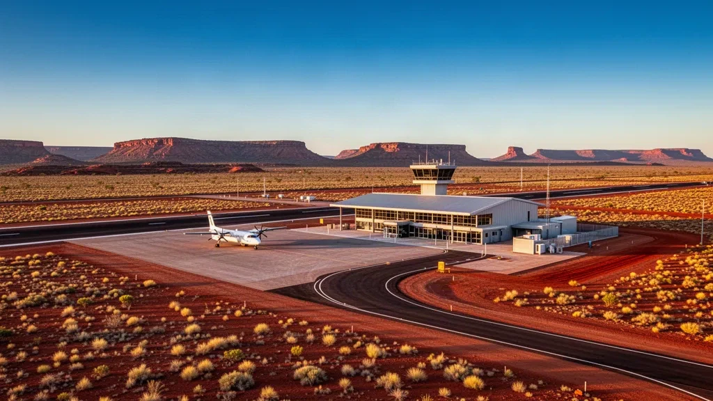 Piste d'atterrissage isolée de l'aéroport d'Iron Bridge Mine dans la région de Pilbara, en Australie-Occidentale, paysage de l'outback aux teintes ocre rouge et terminal de transport à l'heure dorée.