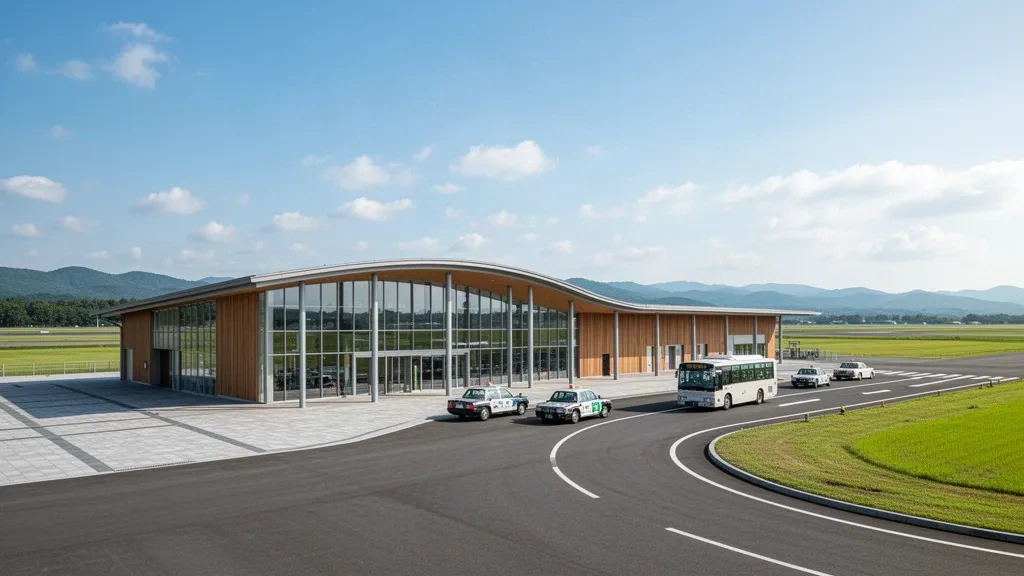 Moderne Glasfassade des Terminals am Flughafen Ibaraki in Omitama, Japan, mit geschwungenem Dach und ruhigem Vorfahrtbereich unter klarem Himmel.