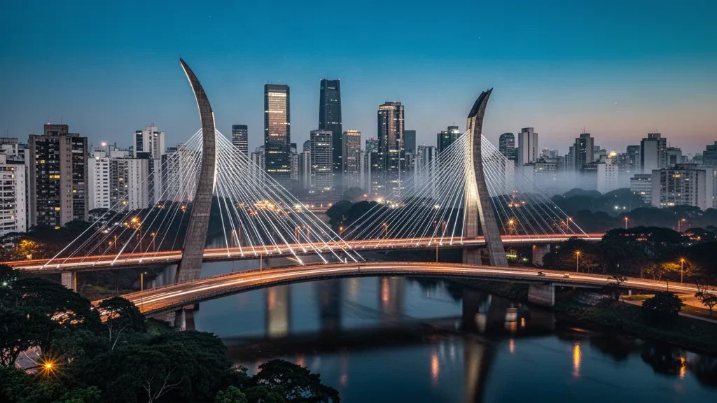 Skyline von São Paulo in der Abenddämmerung mit der Schrägseilbrücke Octávio Frias de Oliveira über dem Pinheiros-Fluss