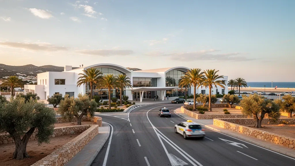 Extérieur moderne d'un terminal blanc et parvis bordé de palmiers à l'aéroport d'Ibiza sous la lumière chaude de fin d'après-midi méditerranéenne