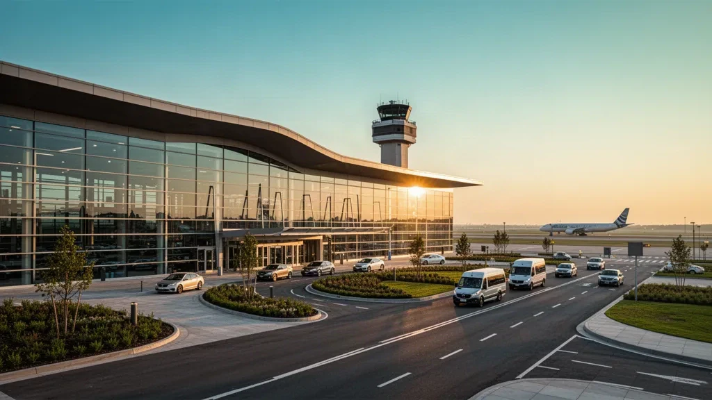 Außenansicht eines modernen Flughafenterminals aus Glas und Stahl am Flughafen Ikabaru zur goldenen Stunde, mit geschwungenen Vorfahrtspuren und einem geparkten Jet.