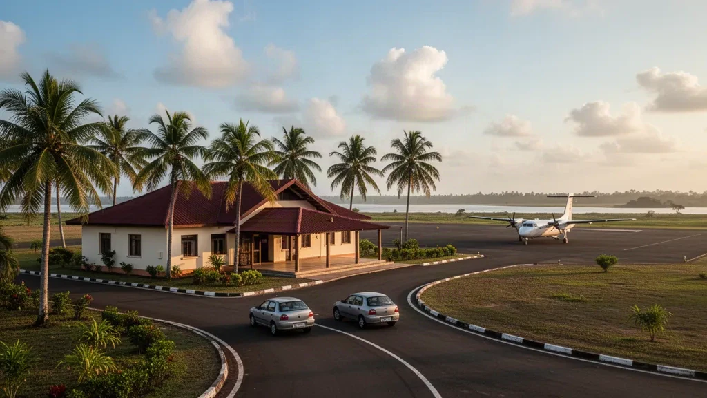 Terminal tropical, palmeras y plataforma en el Aeropuerto Major Henk Fernandes en Nieuw Nickerie, Surinam, a la hora dorada