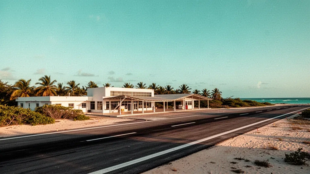 Terminal et piste de l'aéroport Andrés Miguel Salazar Marcano sur l'Isla de Coche, au Venezuela, dans une chaude lumière caribéenne d'heure dorée