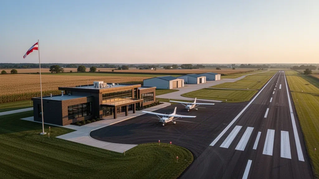 Petit terminal d'aviation générale, hangars et aéronefs légers stationnés à Schenck Field à Clarinda, Iowa, sous une chaude lumière dorée