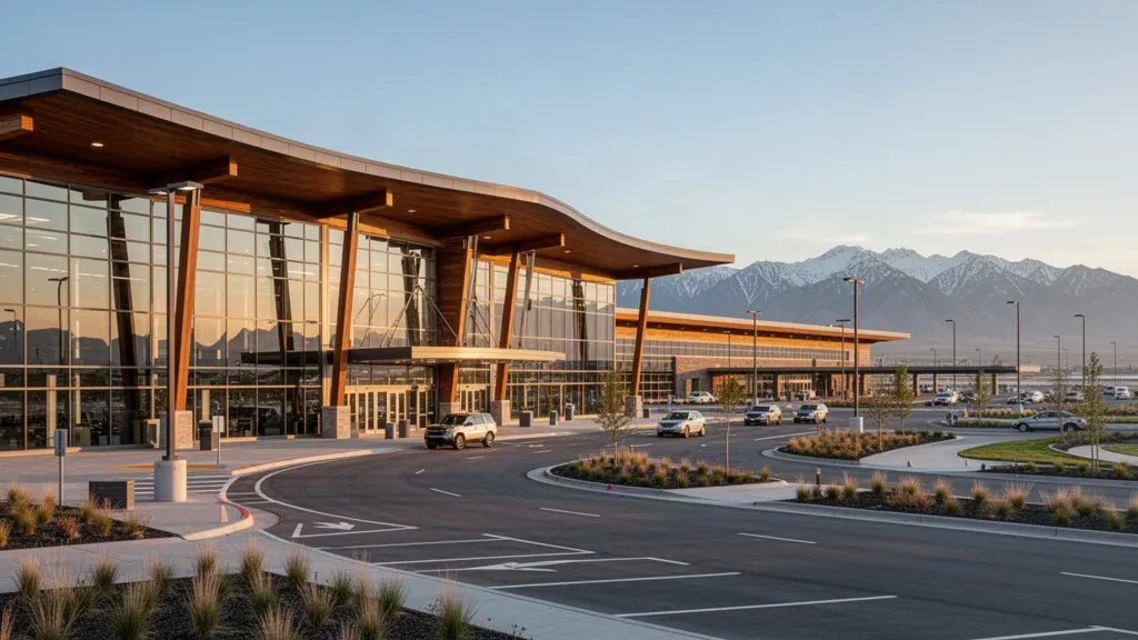 Extérieur moderne du terminal vitré de l'aéroport régional d'Idaho Falls avec montagnes en arrière-plan, voies de dépose et éclairage doré.