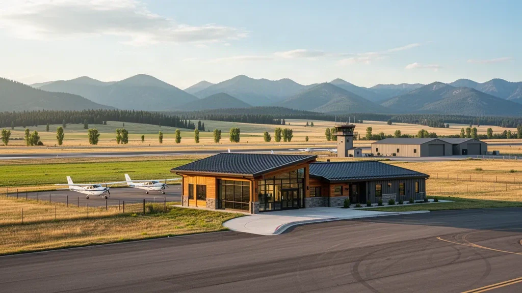 Kleiner ländlicher Idaho County Airport bei Grangeville mit Terminal, geparkten Leichtflugzeugen, Präriefeldern und fernen Bergketten zur goldenen Stunde.