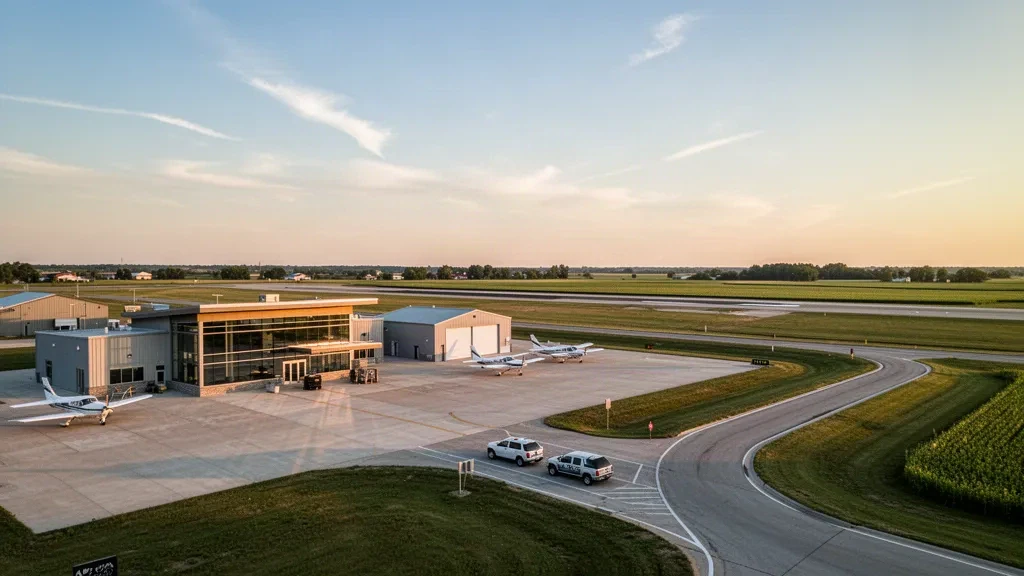 Petit terminal d'aéroport d'aviation générale du Midwest et piste à l'heure dorée à Ida Grove, Iowa