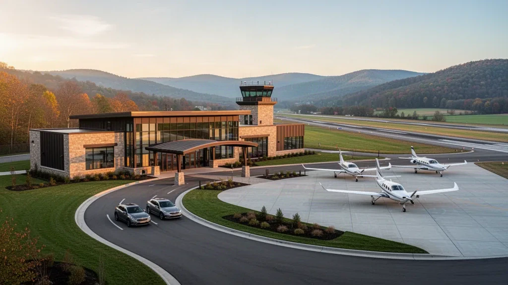 Piccolo terminal regionale e piazzale aeromobili all'Aeroporto di Indiana County–Jimmy Stewart in Pennsylvania durante l'ora d'oro