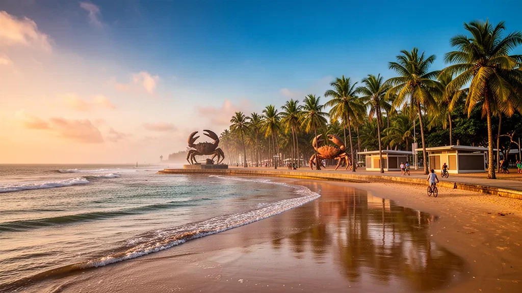 Vue à l'heure dorée de la promenade du front de mer d'Atalaia bordée de palmiers et de la côte atlantique à Aracaju, Sergipe, Brésil
