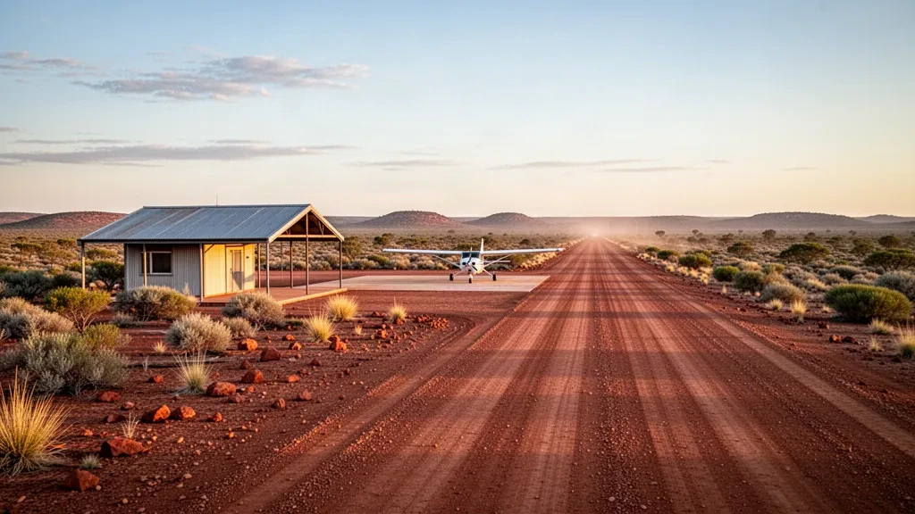 Pista remota de tierra roja del outback en Indulkana, en el extremo norte de Australia Meridional, con una pequeña avioneta estacionada en la hora dorada
