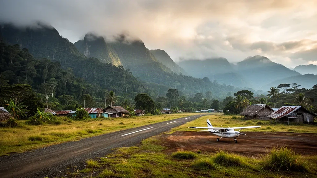 Pista remota de grava en el Aeropuerto de Indagen, en la Provincia de Morobe, Papúa Nueva Guinea, rodeada de crestas boscosas de las tierras altas y niebla matinal