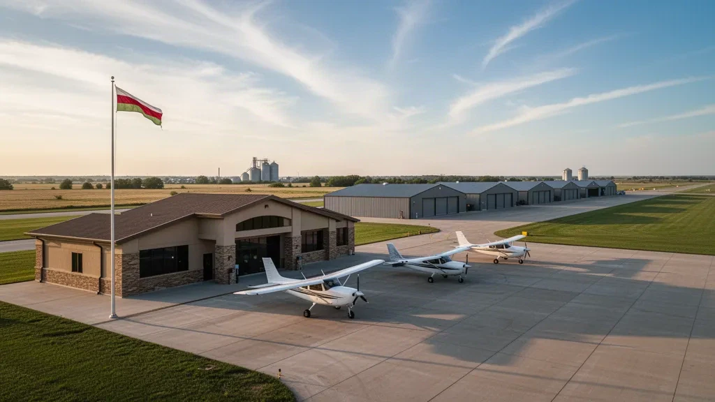 Small Kansas municipal airfield apron and terminal building at Independence Municipal Airport under clear afternoon skies
