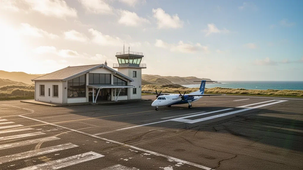 Small island airport terminal and apron on Île d'Yeu with a parked turboprop aircraft, coastal dunes and the Atlantic horizon in golden light