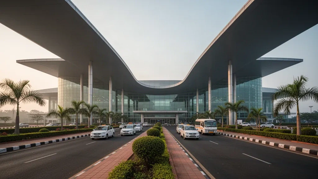 Extérieur moderne du terminal en verre de l'aéroport international Devi Ahilya Bai Holkar à Indore avec voies de dépose le long du trottoir à l'heure dorée