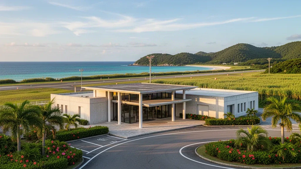 Terminal e pista dell'aeroporto di Iejima sull'isola di Ie, Okinawa, incorniciati dalla vegetazione tropicale e dal Mar Cinese Orientale turchese nell'ora dorata