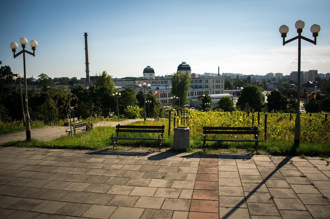 Stadt, Bänke, Bank, Himmel, Tourismus, Natur, Fußweg, Landschaft, Zielona Góra