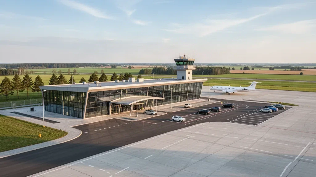 Terminal moderne en verre et tarmac de l'aéroport de Zielona Góra-Babimost en Pologne à l'heure dorée, entourés d'une campagne verdoyante