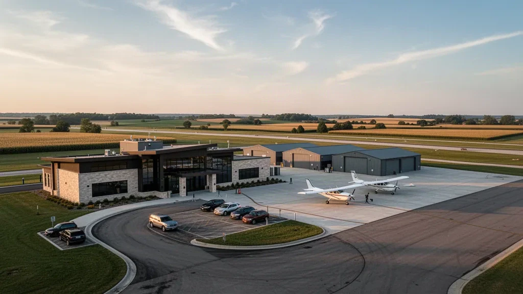 General aviation hangars, parked light aircraft and the terminal apron at Iowa Falls Municipal Airport in warm evening light