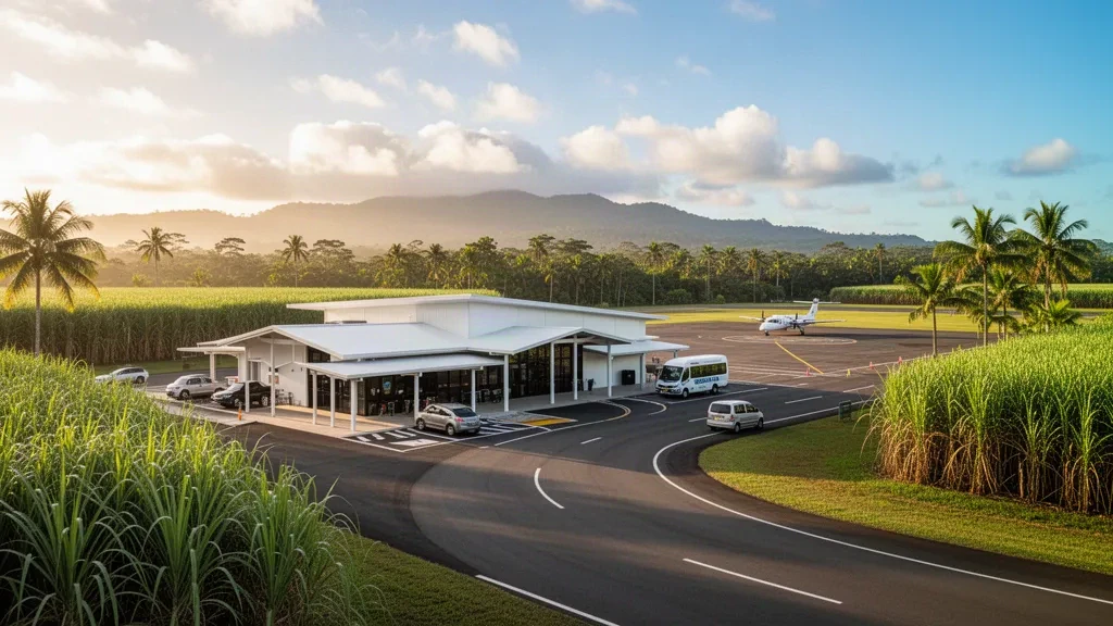 Tropical regional airport terminal and apron near Innisfail, Queensland, framed by palms and cane fields in warm golden light.