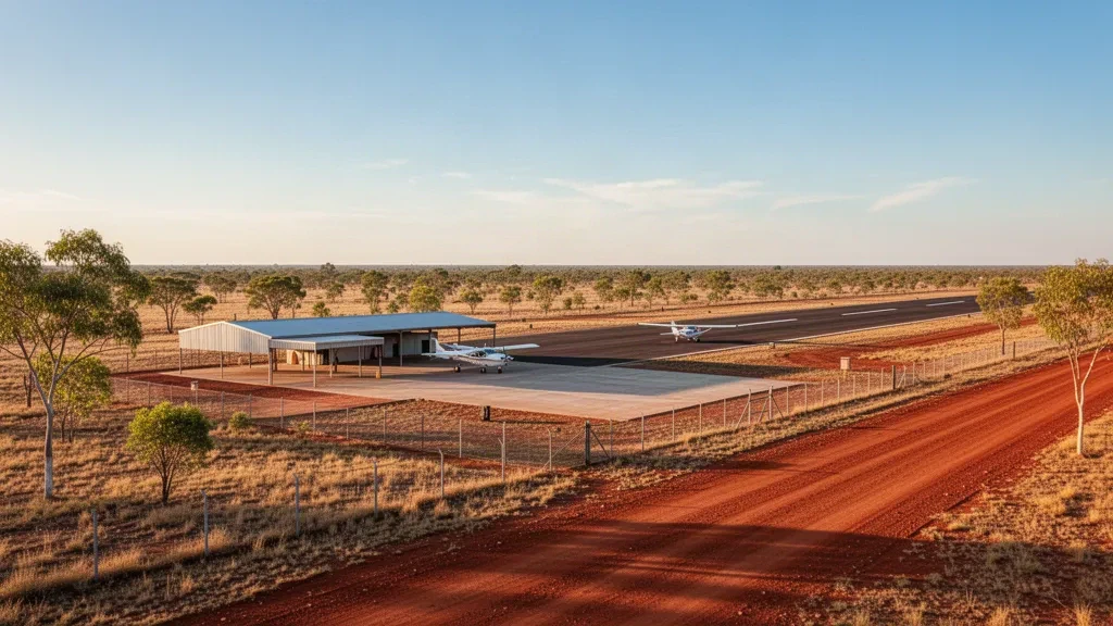 Pista remota del aeropuerto de Iffley en Queensland con un pequeño refugio, pista pavimentada y paisaje árido del interior al atardecer.