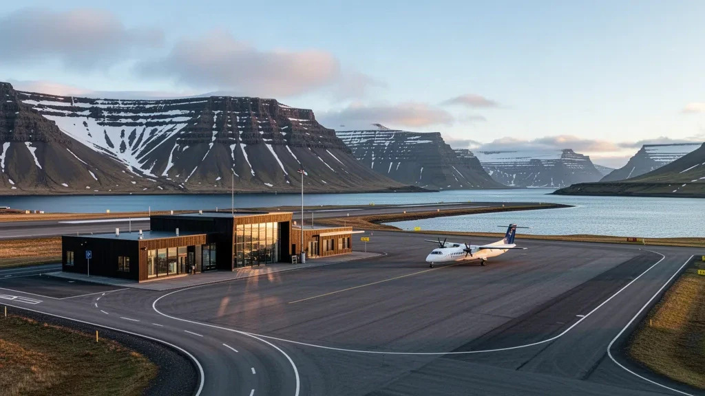 Petit terminal d'aéroport régional surplombant le fjord d'Ísafjörður dans les Westfjords en Islande, avec des montagnes et un turbopropulseur sur le tarmac