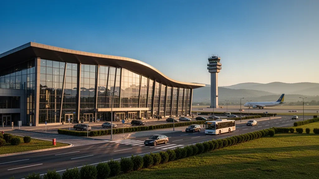 Modern terminal exterior and drop-off lanes at Ivano-Frankivsk International Airport in Ukraine during golden hour.