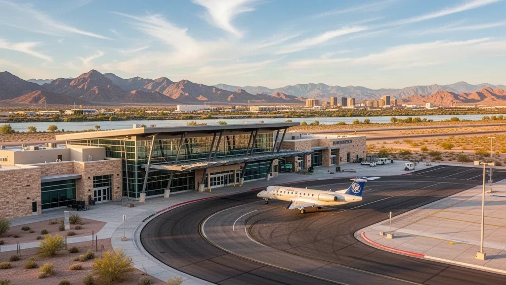 Modern terminal exterior at Laughlin/Bullhead International Airport in Arizona during golden hour, with desert mountains and river views.