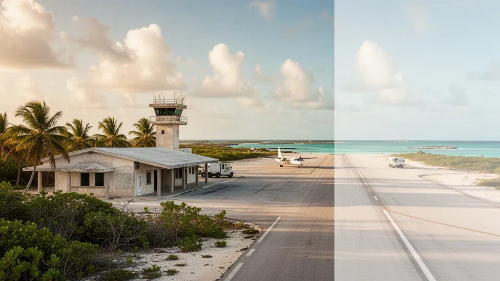 Terminal de baja altura, palmeras y una sola pista en el Aeropuerto de Inagua, en Matthew Town, Great Inagua, Bahamas, con una cálida luz dorada.