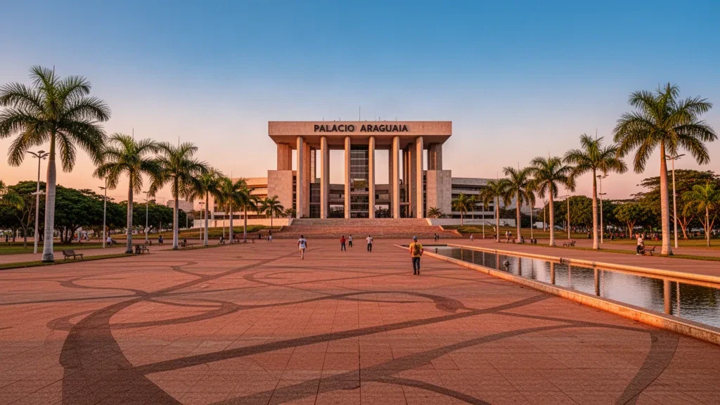 Palmas, Tocantins, Brezilya'da Praça dos Girassóis ve Palácio Araguaia'nın altın saat görünümü; palmiye ağaçlarıyla çevrili yürüyüş yolları ve yansıma havuzu.